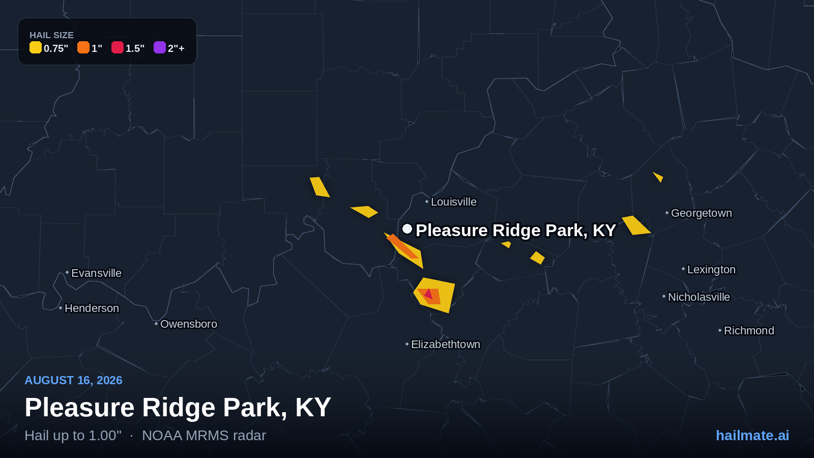 Hail swath map showing 1.00 inch hail over Pleasure Ridge Park, Kentucky on August 16, 2026.