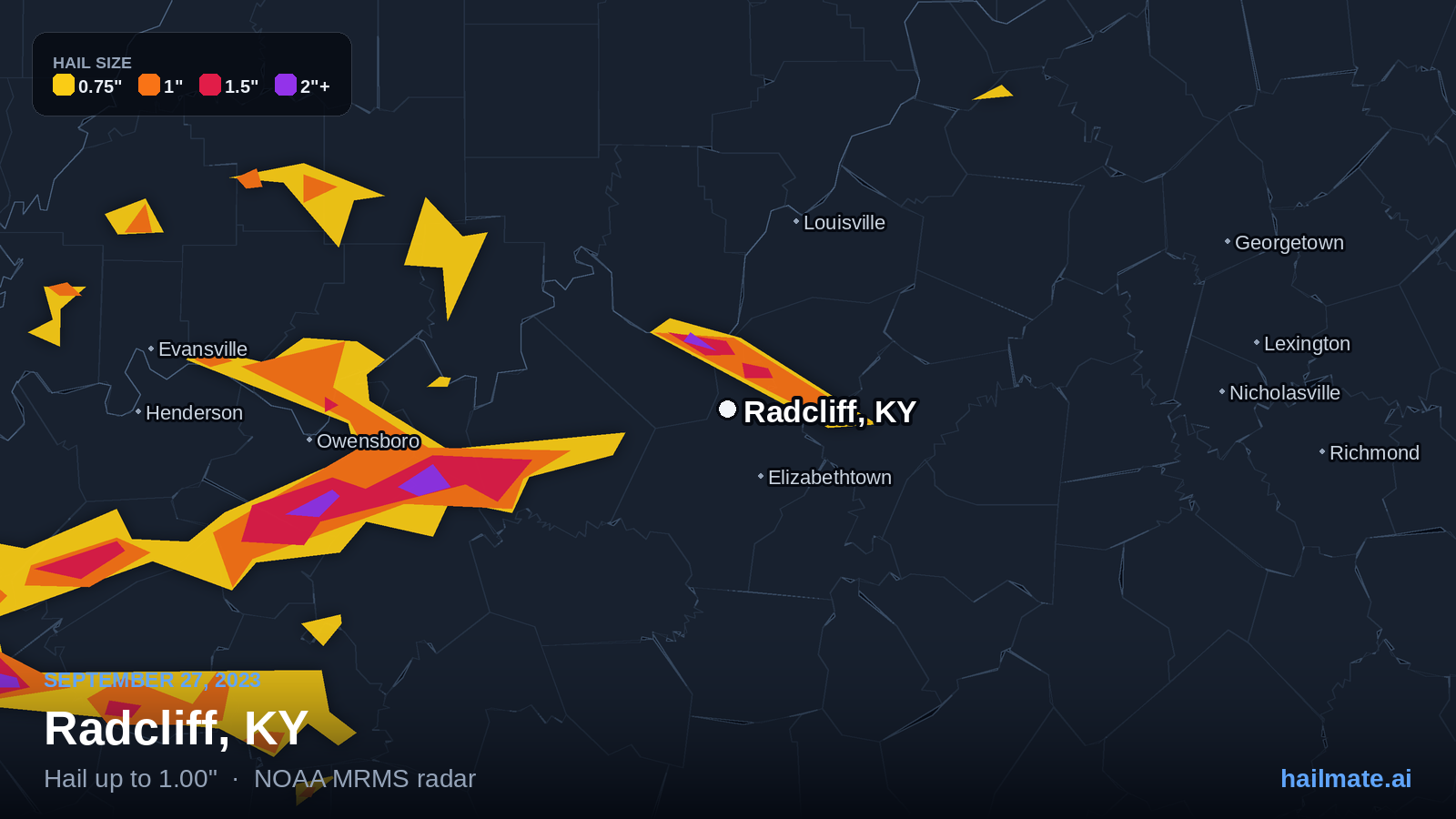 Hail swath map for Radcliff, KY on September 27, 2023 showing 1.00 inch hail.