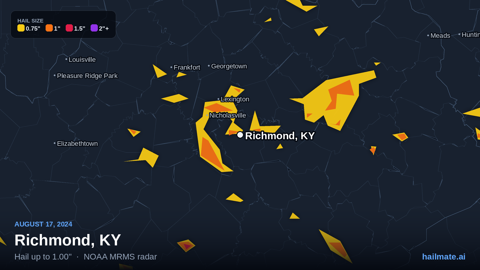 Hail swath map for Richmond, KY on August 17, 2024 showing 1.00 inch hail.