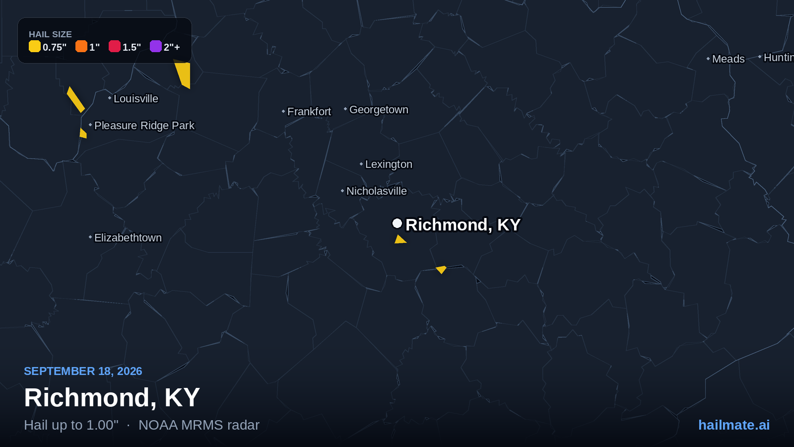 Hail swath map for Richmond, KY on September 18, 2026 showing 1.00 inch hail.