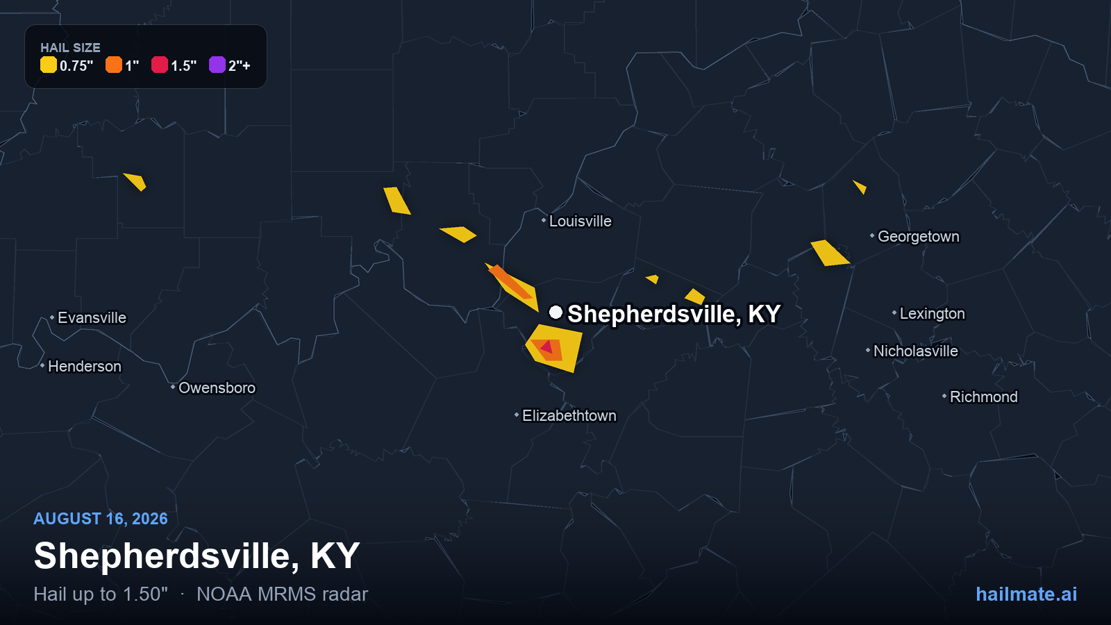 Hail swath map for Shepherdsville, KY on August 16, 2026 showing 1.50 inch hail.