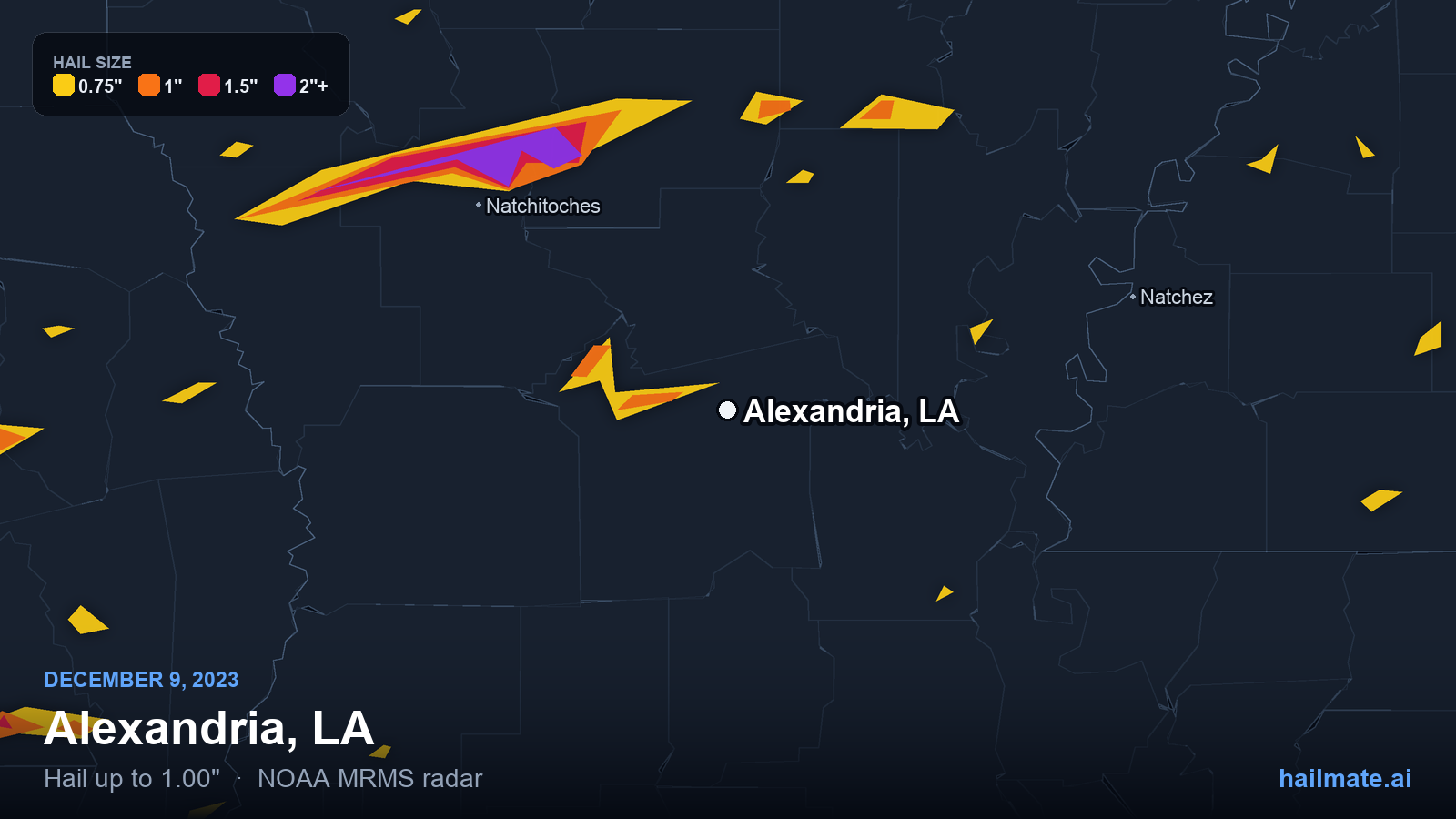Hail swath map for Alexandria, LA on December 9, 2023 showing 1.00 inch hail.