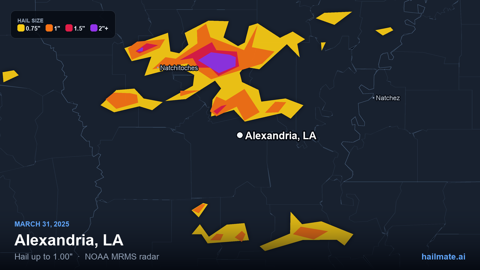 Hail swath map for Alexandria, LA on March 31, 2025 showing 1.00 inch hail.