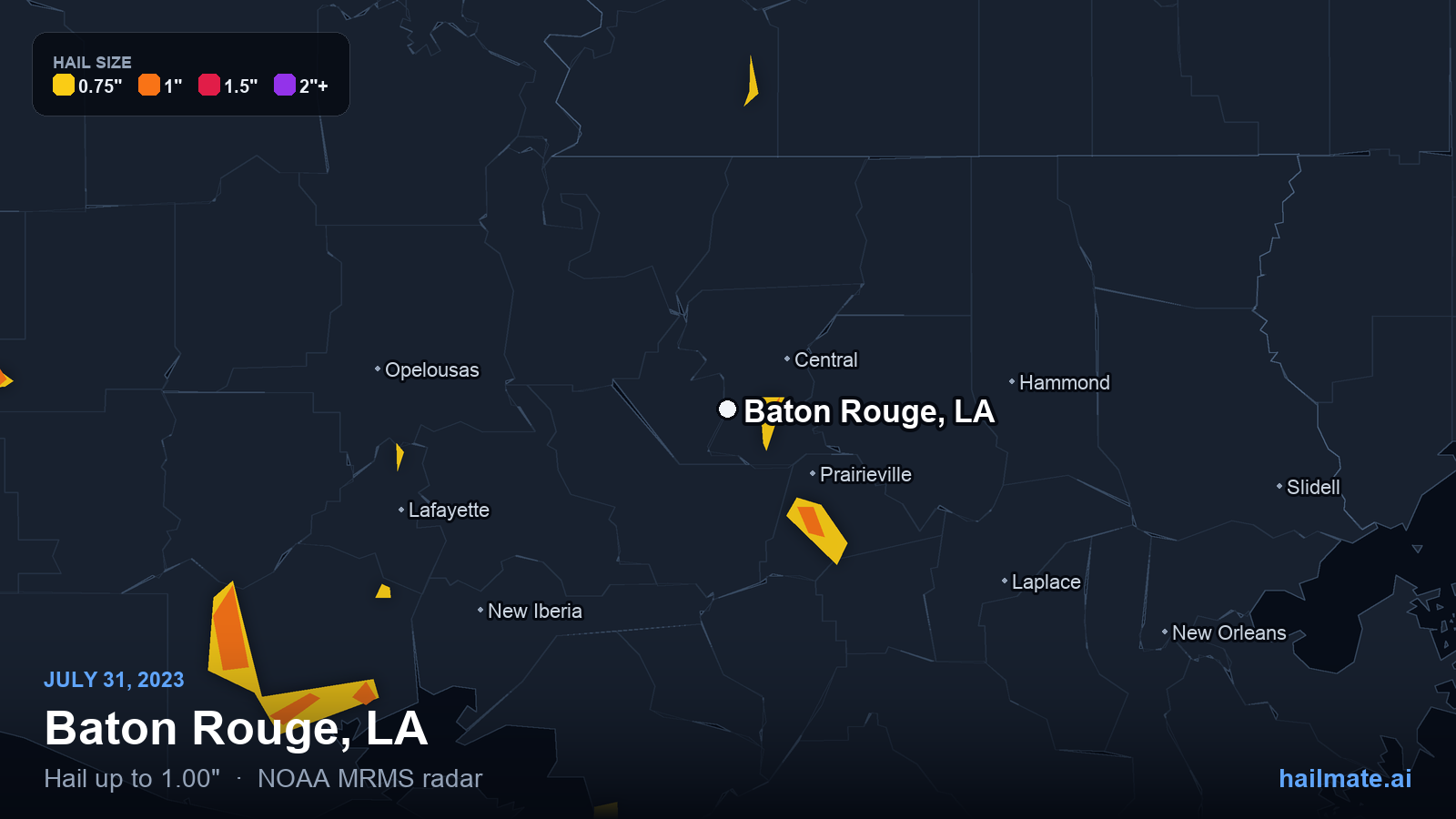 Hail swath map for Baton Rouge, LA on July 31, 2023 showing 1.00 inch hail.