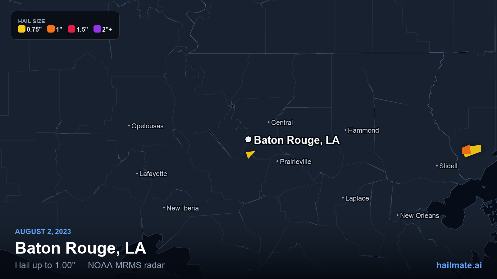 Hail swath map for Baton Rouge, LA on August 2, 2023 showing 1.00 inch hail.