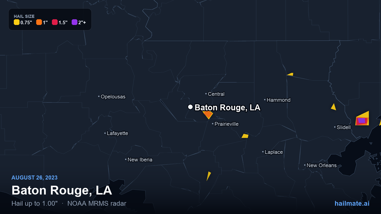 Hail swath map for Baton Rouge, LA on August 26, 2023 showing 1.00 inch hail.