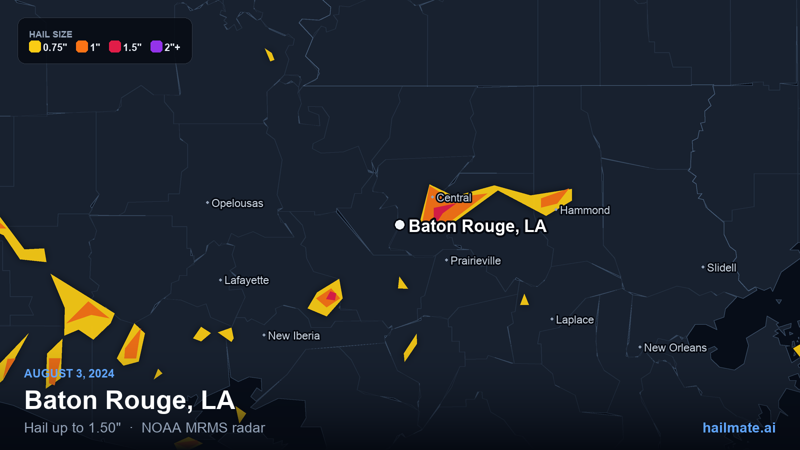 Hail swath map for Baton Rouge, LA on August 3, 2024 showing 1.50 inch hail.