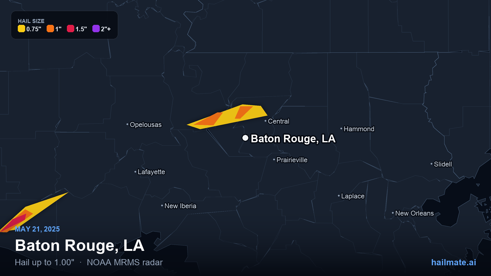 Hail swath map for Baton Rouge, LA on May 21, 2025 showing 1.00 inch hail.