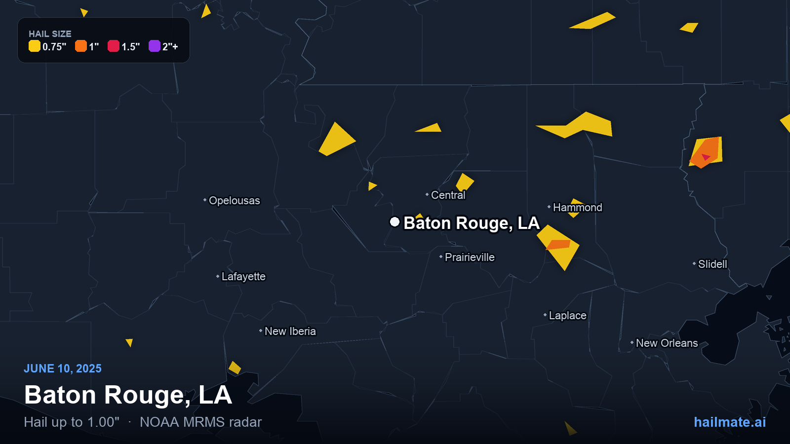 Hail swath map for Baton Rouge, LA on June 10, 2025 showing 1.00 inch hail.