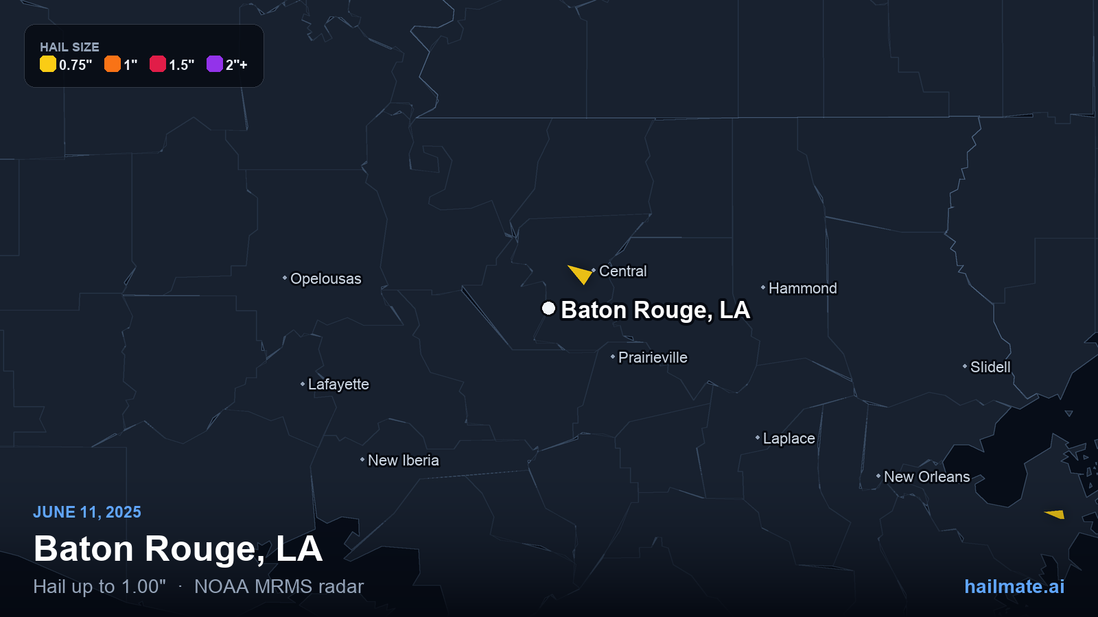 Hail swath map for Baton Rouge, LA on June 11, 2025 showing 1.00 inch hail.