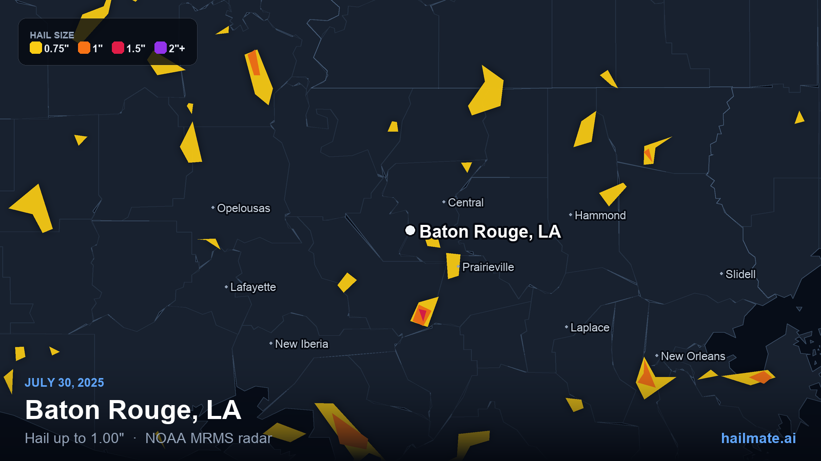 Hail swath map for Baton Rouge, LA on July 30, 2025 showing 1.00 inch hail.