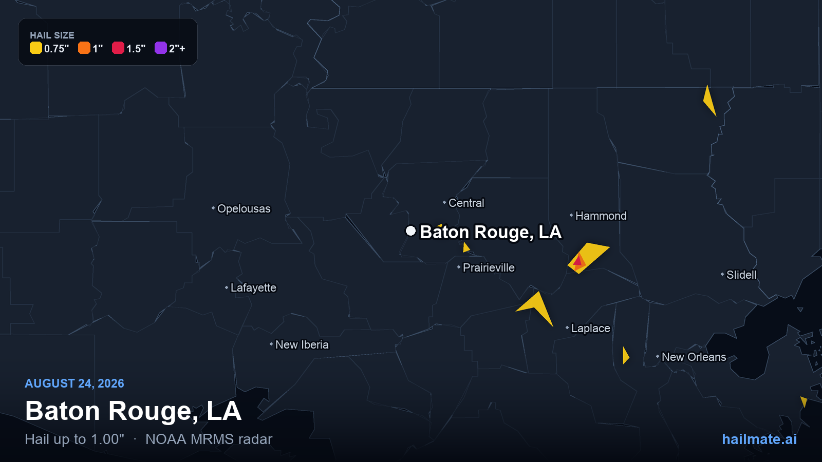Hail swath map for Baton Rouge, LA on August 24, 2026 showing 1.00 inch hail.