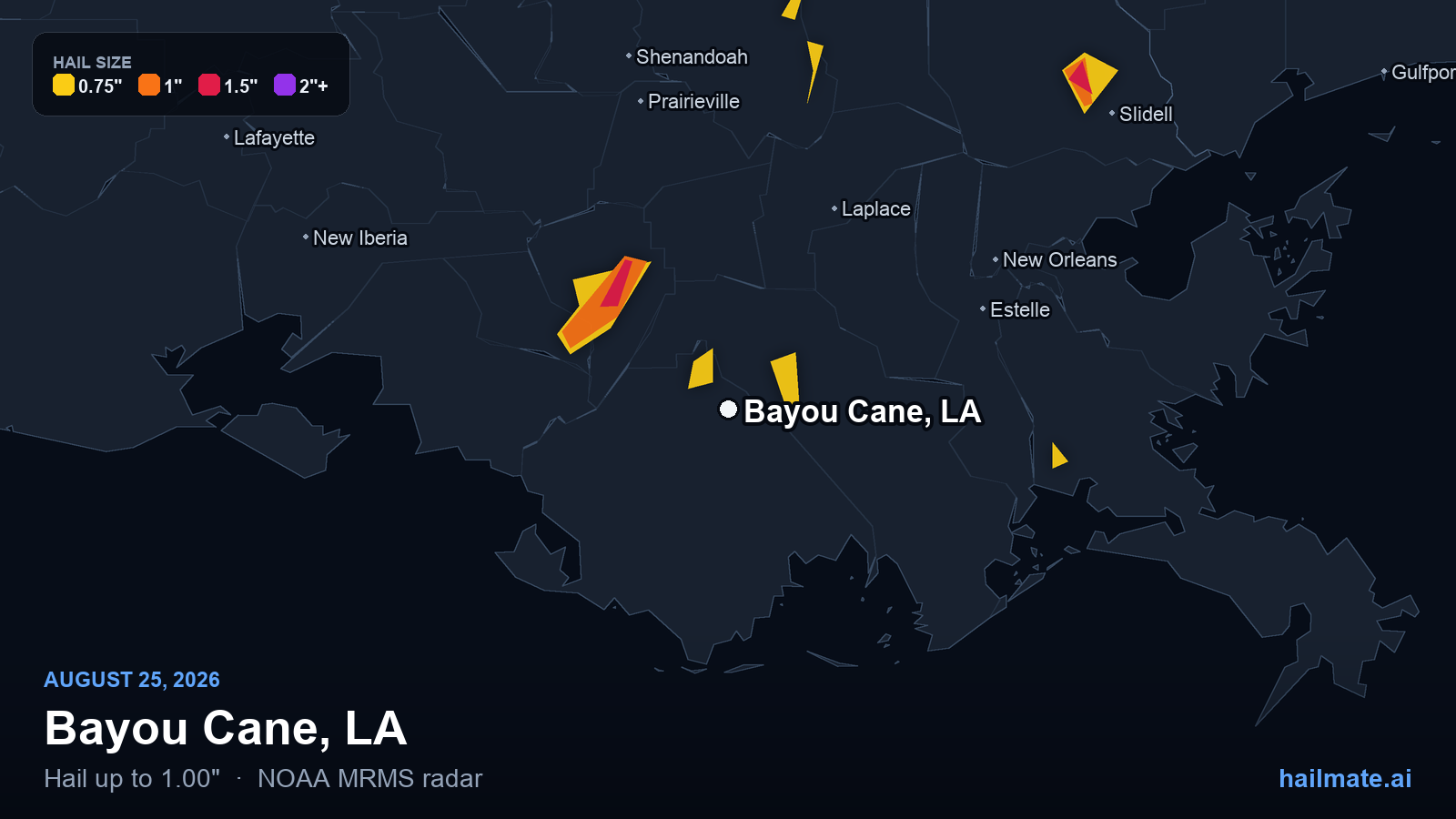 Hail swath map for Bayou Cane, LA on August 25, 2026 showing 1.00 inch hail.