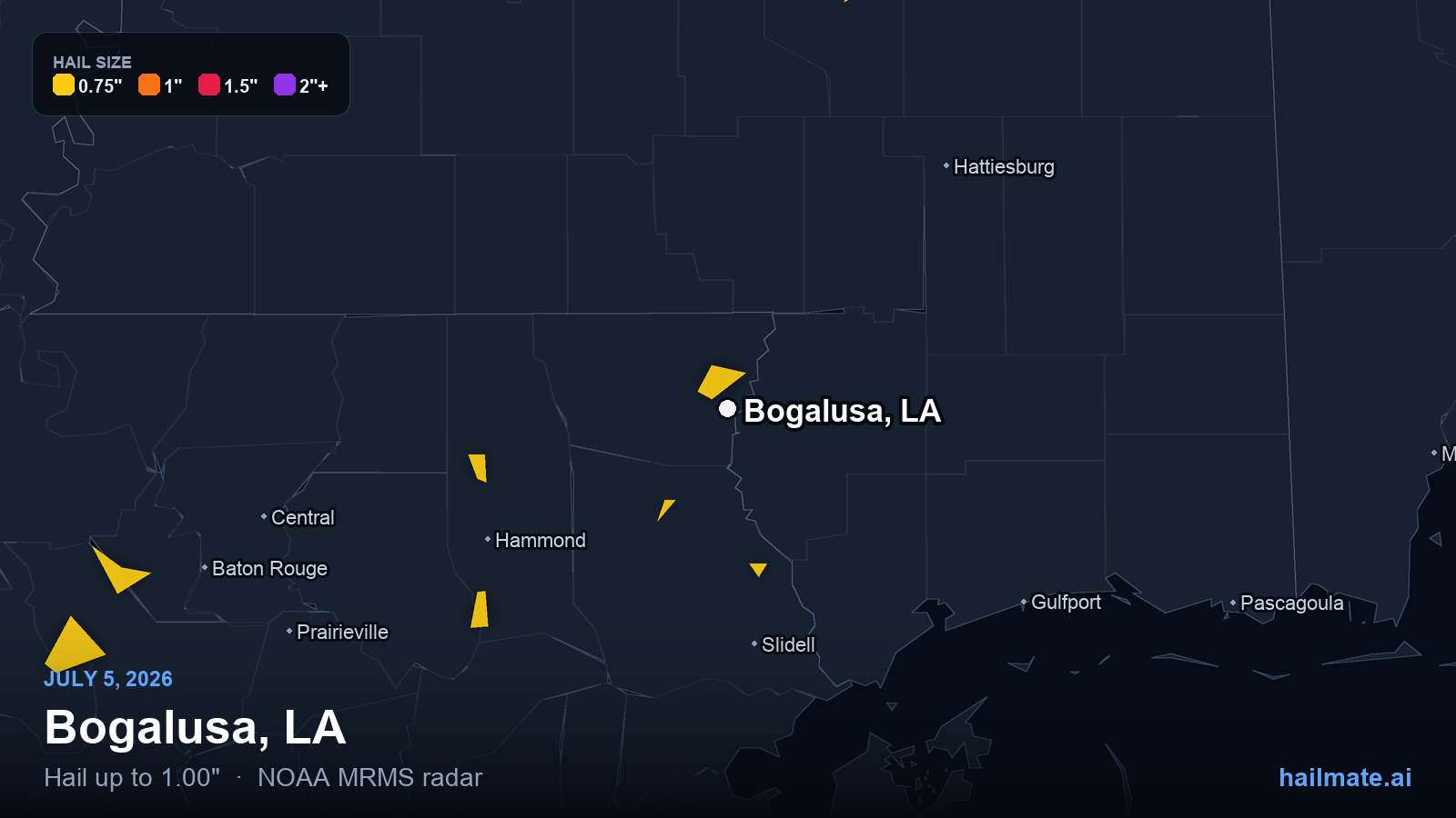 Hail swath map for Bogalusa, LA on July 5, 2026 showing 1.00 inch hail.