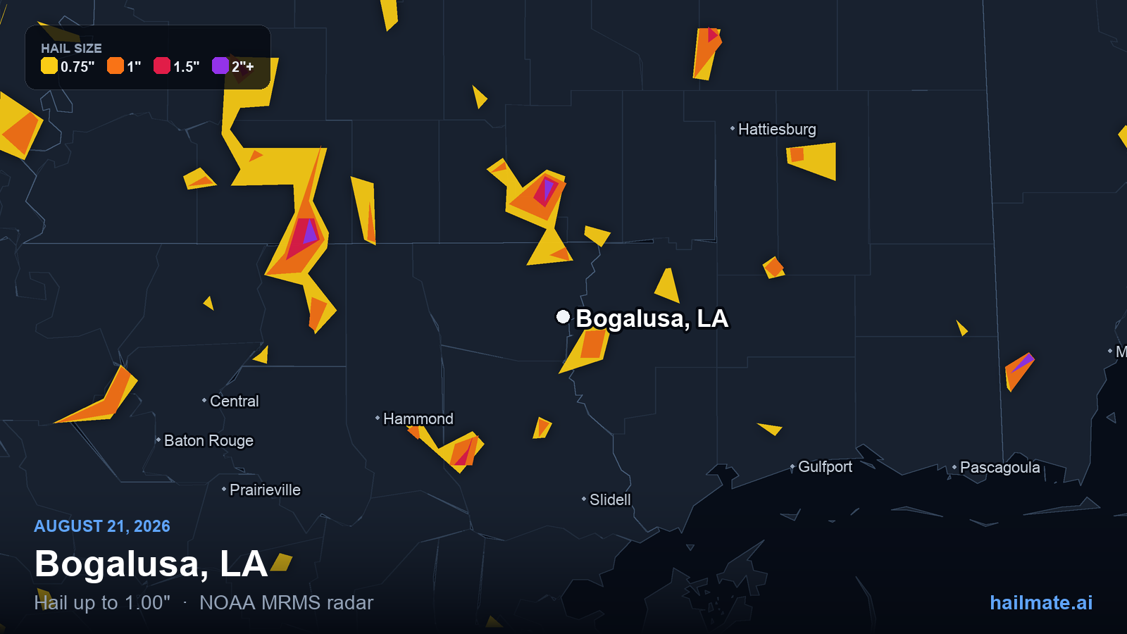 Hail swath map for Bogalusa, LA on August 21, 2026 showing 1.00 inch hail.