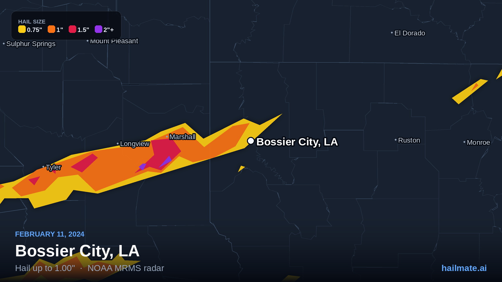 Hail swath map for Bossier City, LA on February 11, 2024 showing 1.00 inch hail.