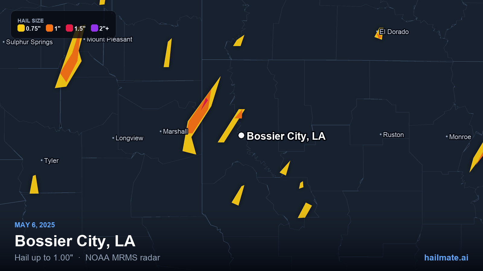 Hail swath map for Bossier City, LA on May 6, 2025 showing 1.00 inch hail.