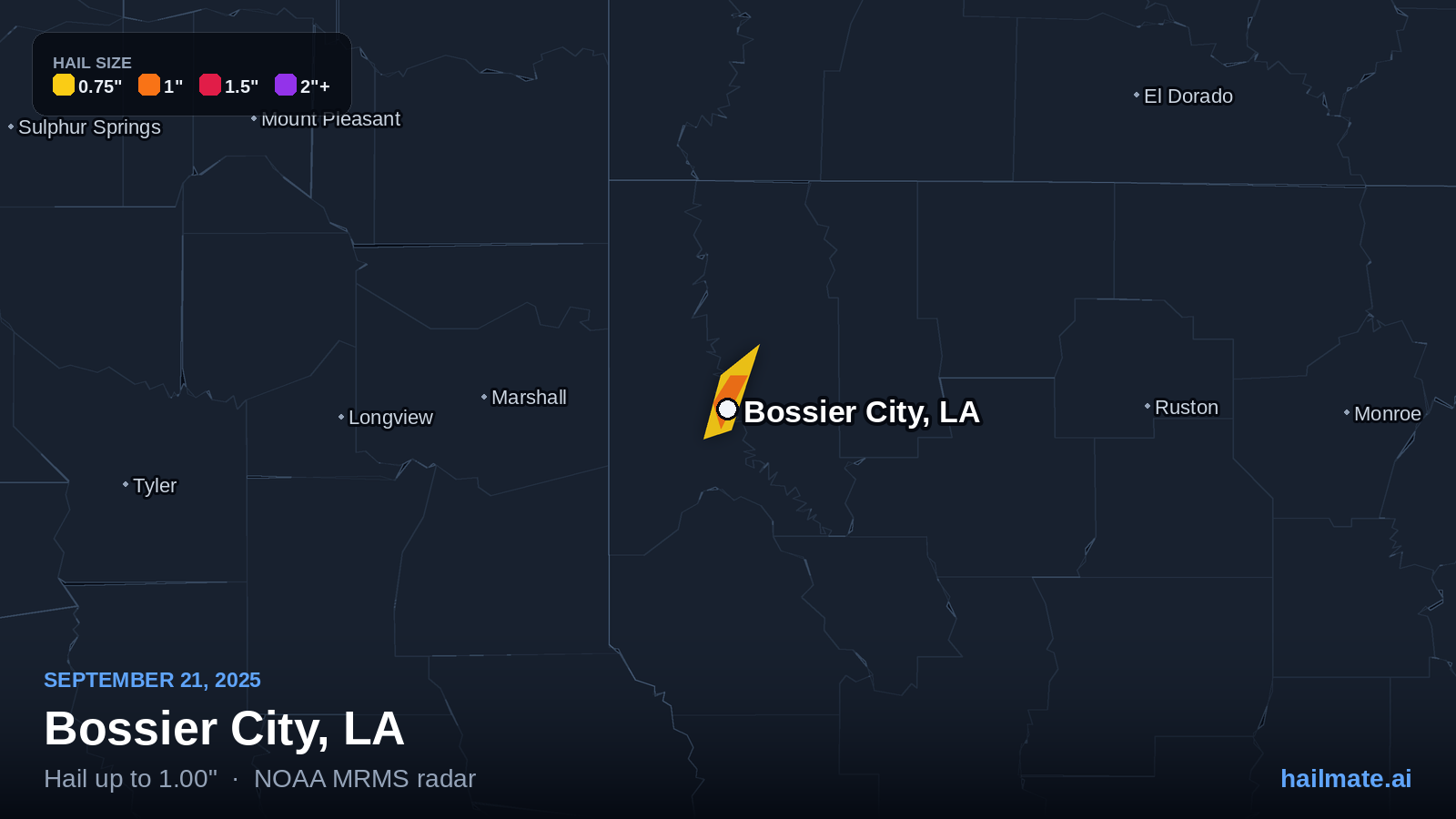 Hail swath map for Bossier City, LA on September 21, 2025 showing 1.00 inch hail.