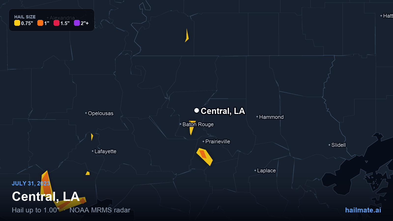 Hail swath map for Central, LA on July 31, 2023 showing 1.00 inch hail.