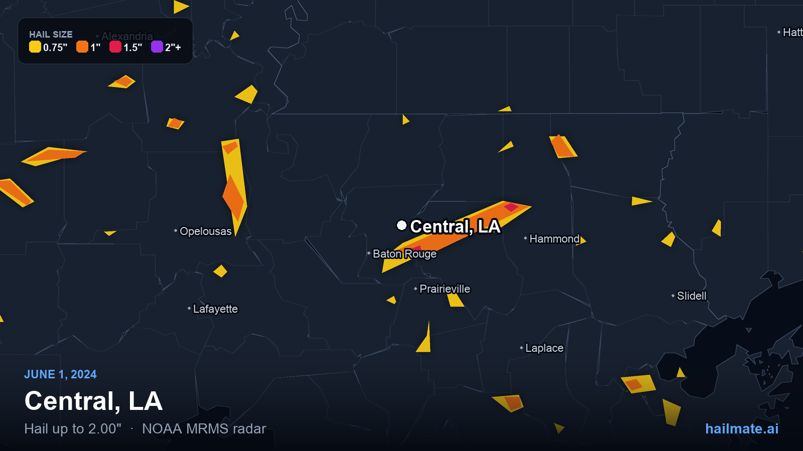 Hail swath map for Central, LA on June 1, 2024 showing 2.00 inch hail.