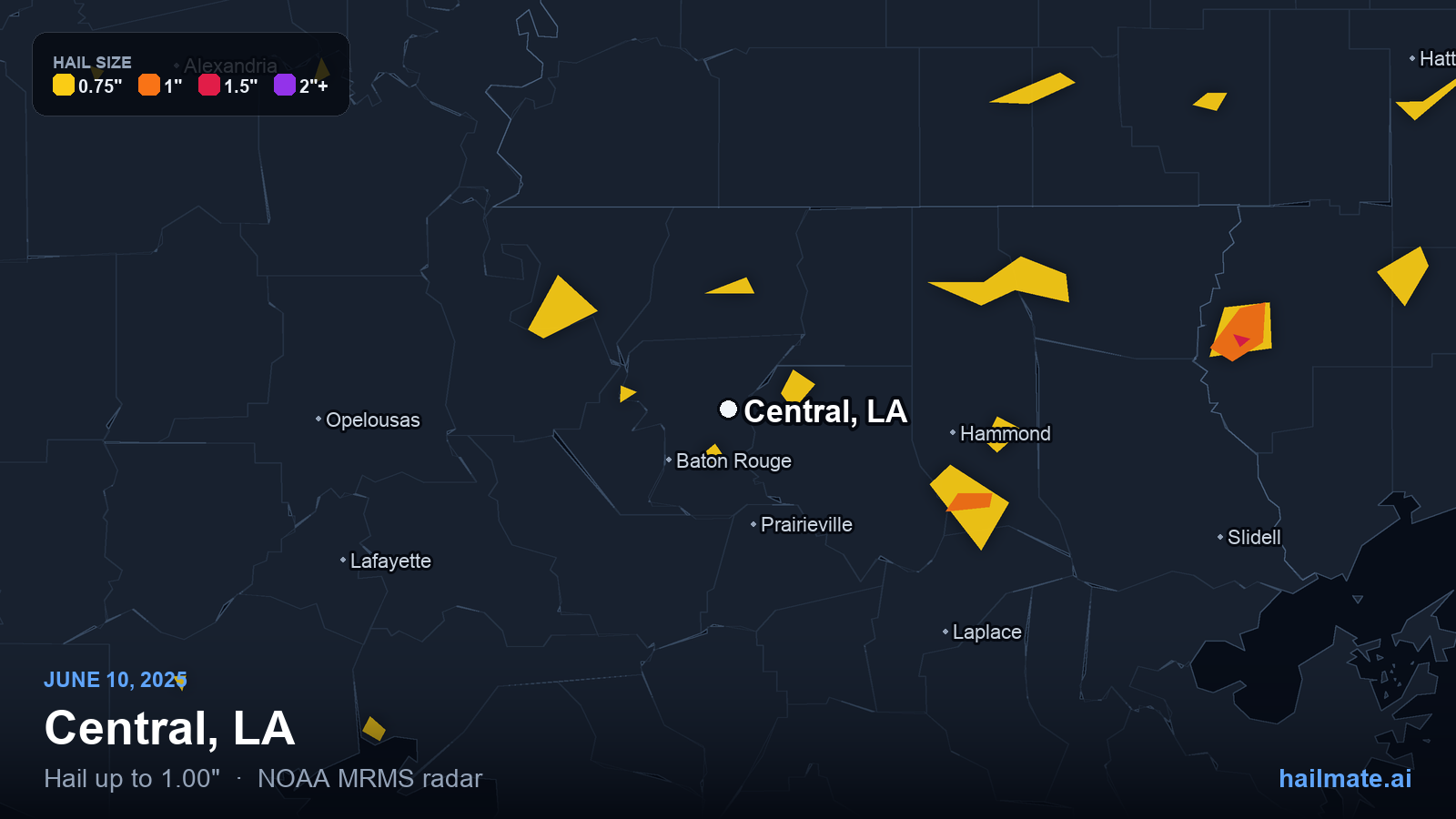 Hail swath map for Central, LA on June 10, 2025 showing 1.00 inch hail.