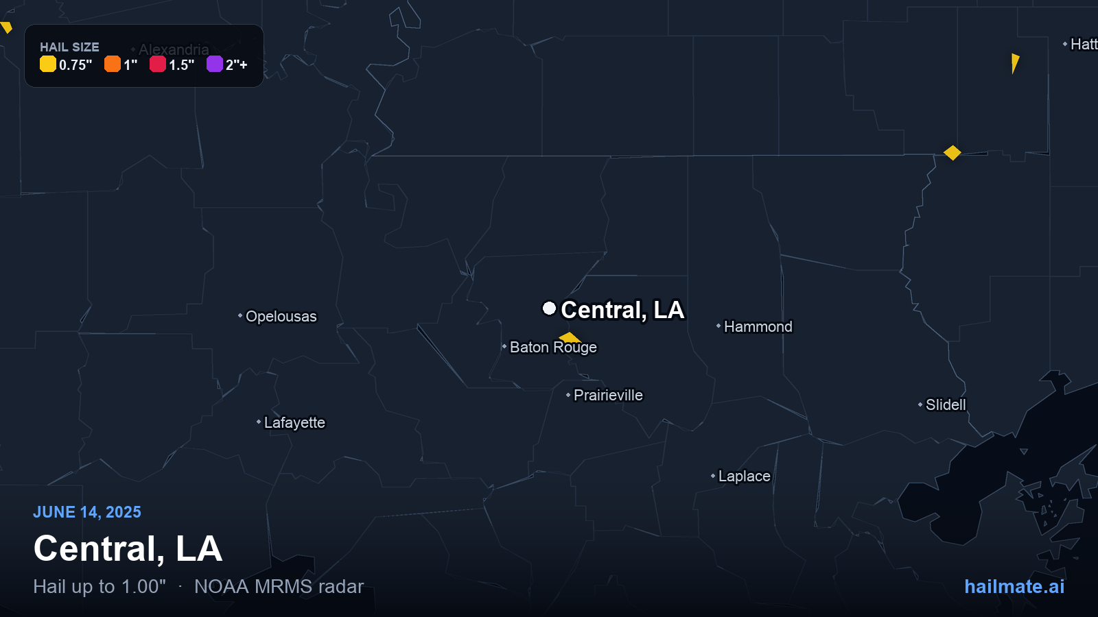 Hail swath map for Central, LA on June 14, 2025 showing 1.00 inch hail.