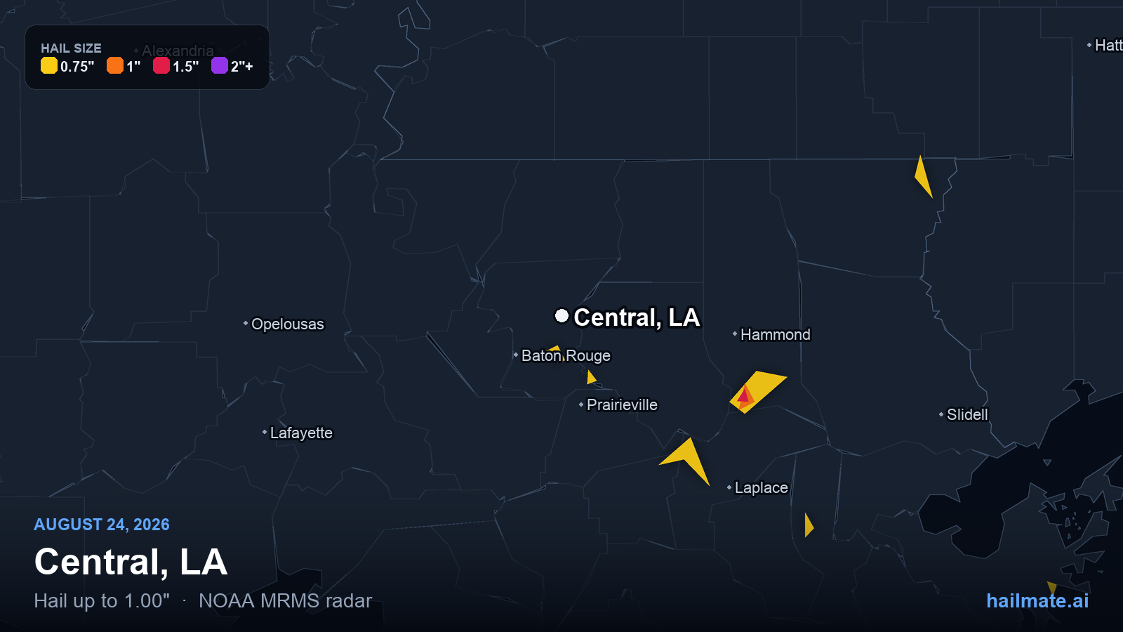 Hail swath map for Central, LA on August 24, 2026 showing 1.00 inch hail.