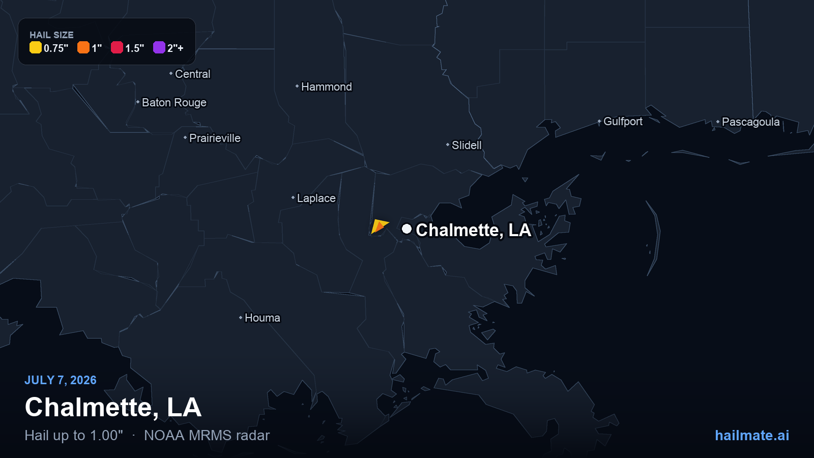 Hail swath map for Chalmette, LA on July 7, 2026 showing 1.00 inch hail.