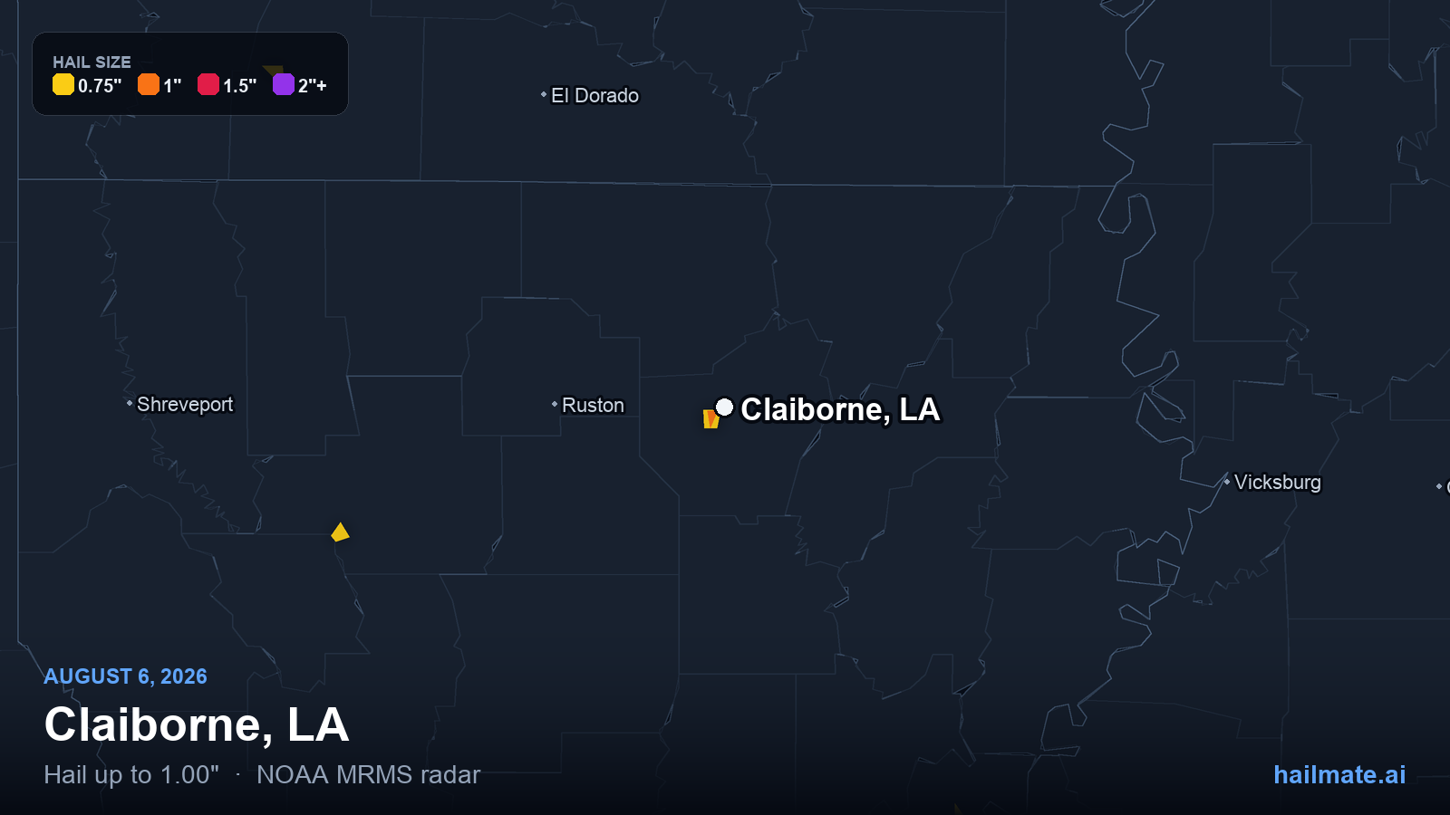 Hail swath map for Claiborne, LA on August 6, 2026 showing 1.00 inch hail.