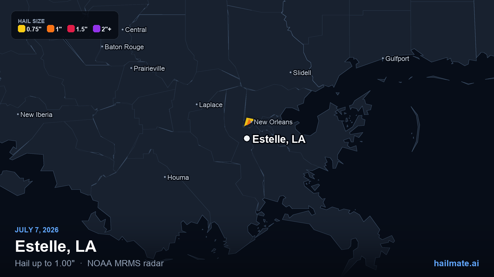 Hail swath map for Estelle, LA on July 7, 2026 showing 1.00 inch hail.