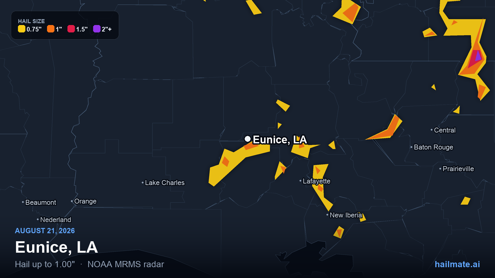 Hail swath map for Eunice, LA on August 21, 2026 showing 1.00 inch hail.