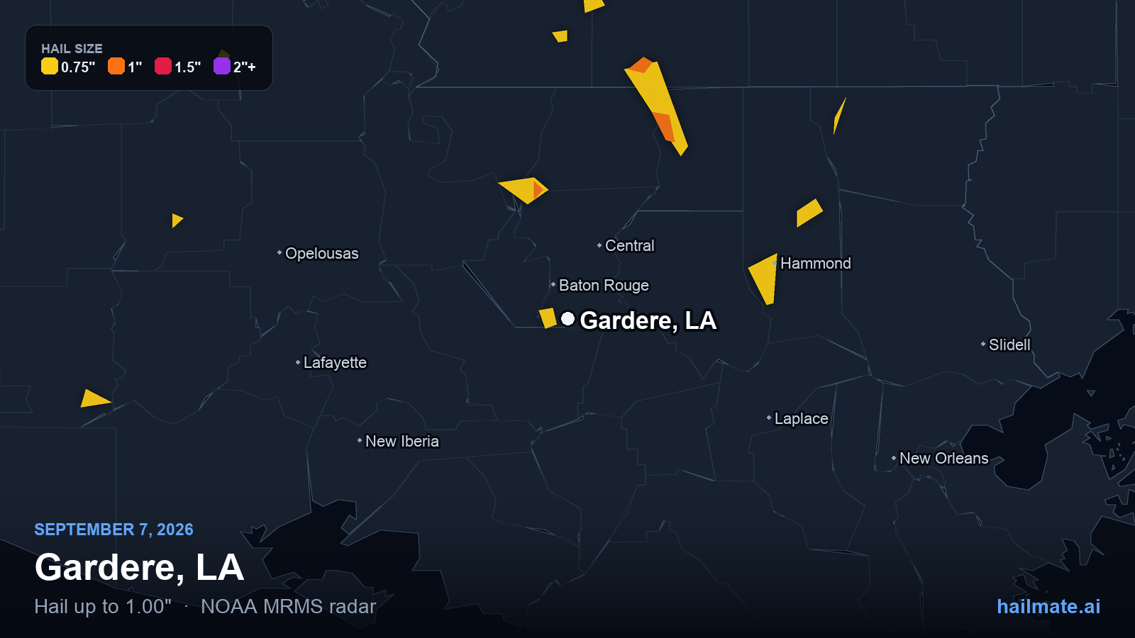 Hail swath map for Gardere, LA on September 7, 2026 showing 1.00 inch hail.