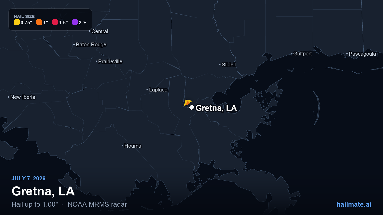 Hail swath map for Gretna, LA on July 7, 2026 showing 1.00 inch hail.