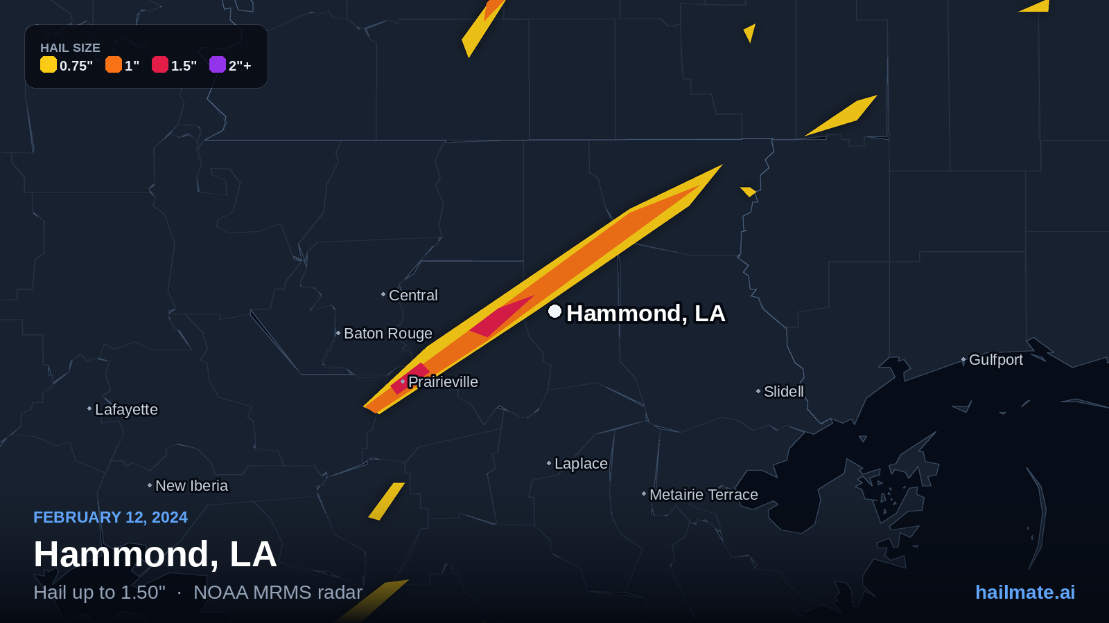 Hail swath map for Hammond, LA on February 12, 2024 showing 1.50 inch hail.