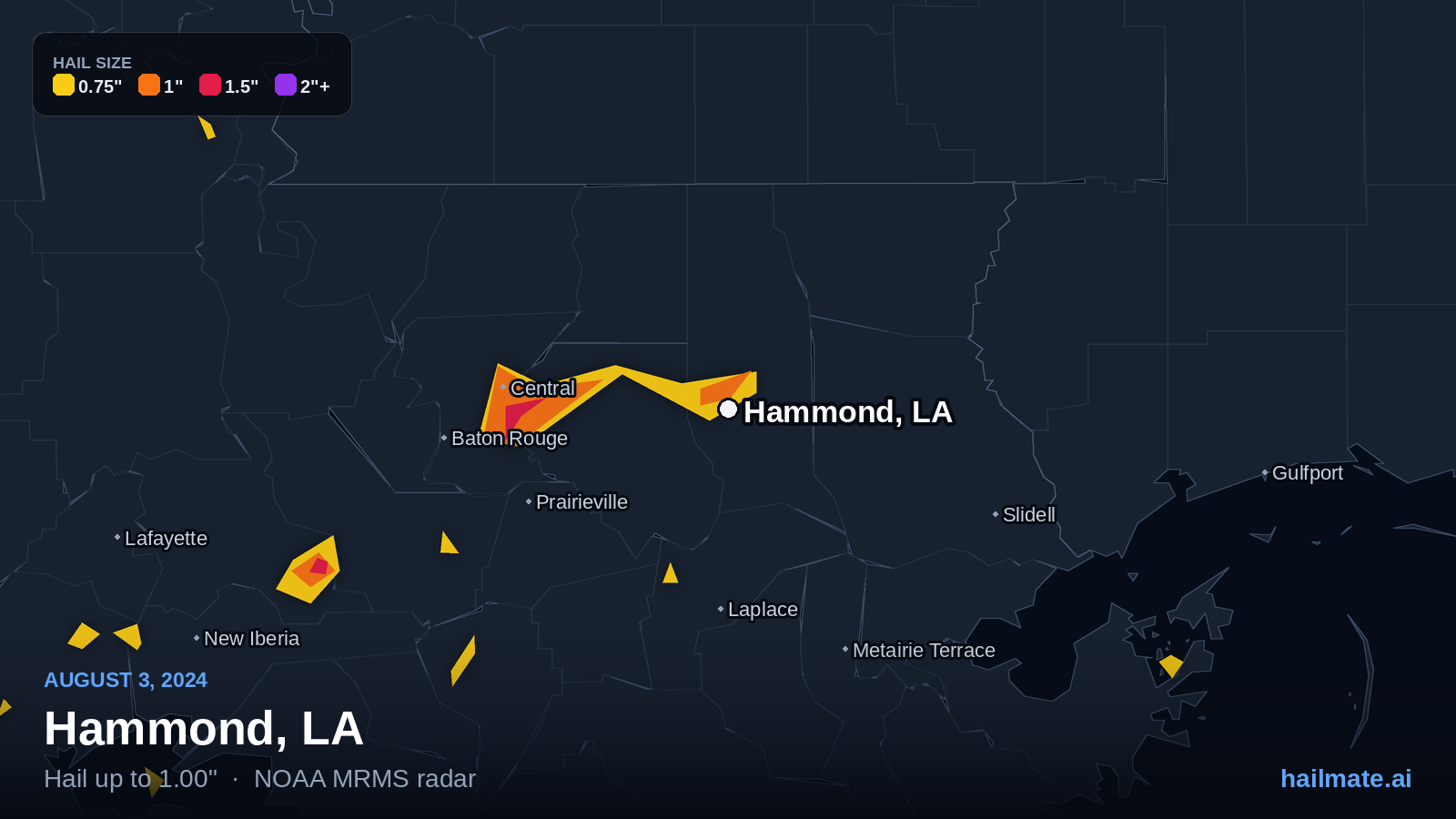 Hail swath map for Hammond, LA on August 3, 2024 showing 1.00 inch hail.