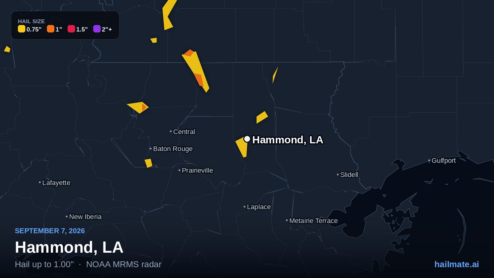 Hail swath map for Hammond, LA on September 7, 2026 showing 1.00 inch hail.
