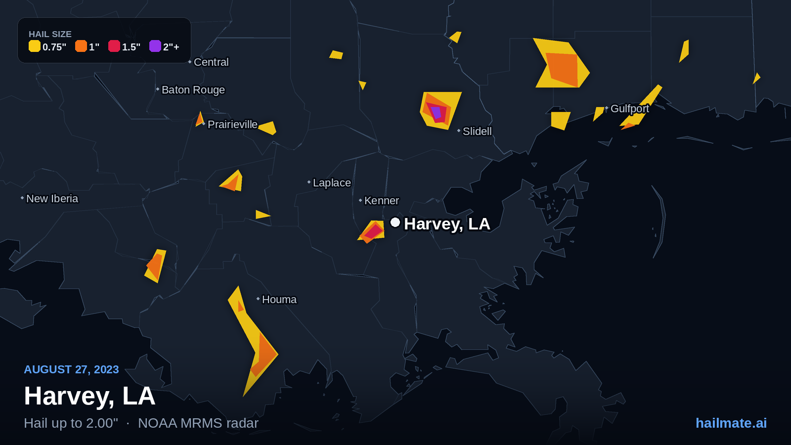 Hail swath map for Harvey, LA on August 27, 2023 showing 2.00 inch hail.