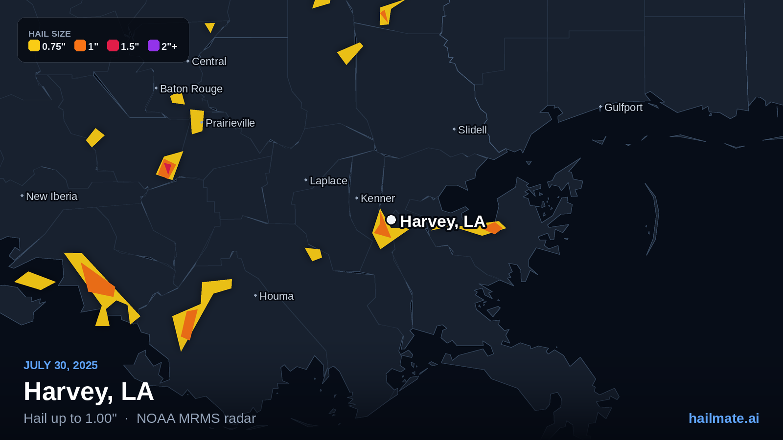 Hail swath map for Harvey, LA on July 30, 2025 showing 1.00 inch hail.