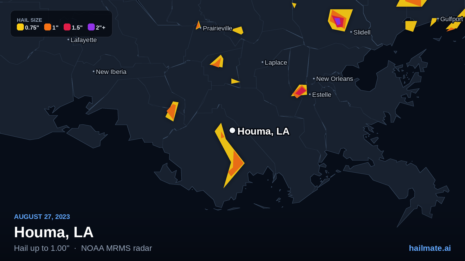 Hail swath map for Houma, LA on August 27, 2023 showing 1.00 inch hail.