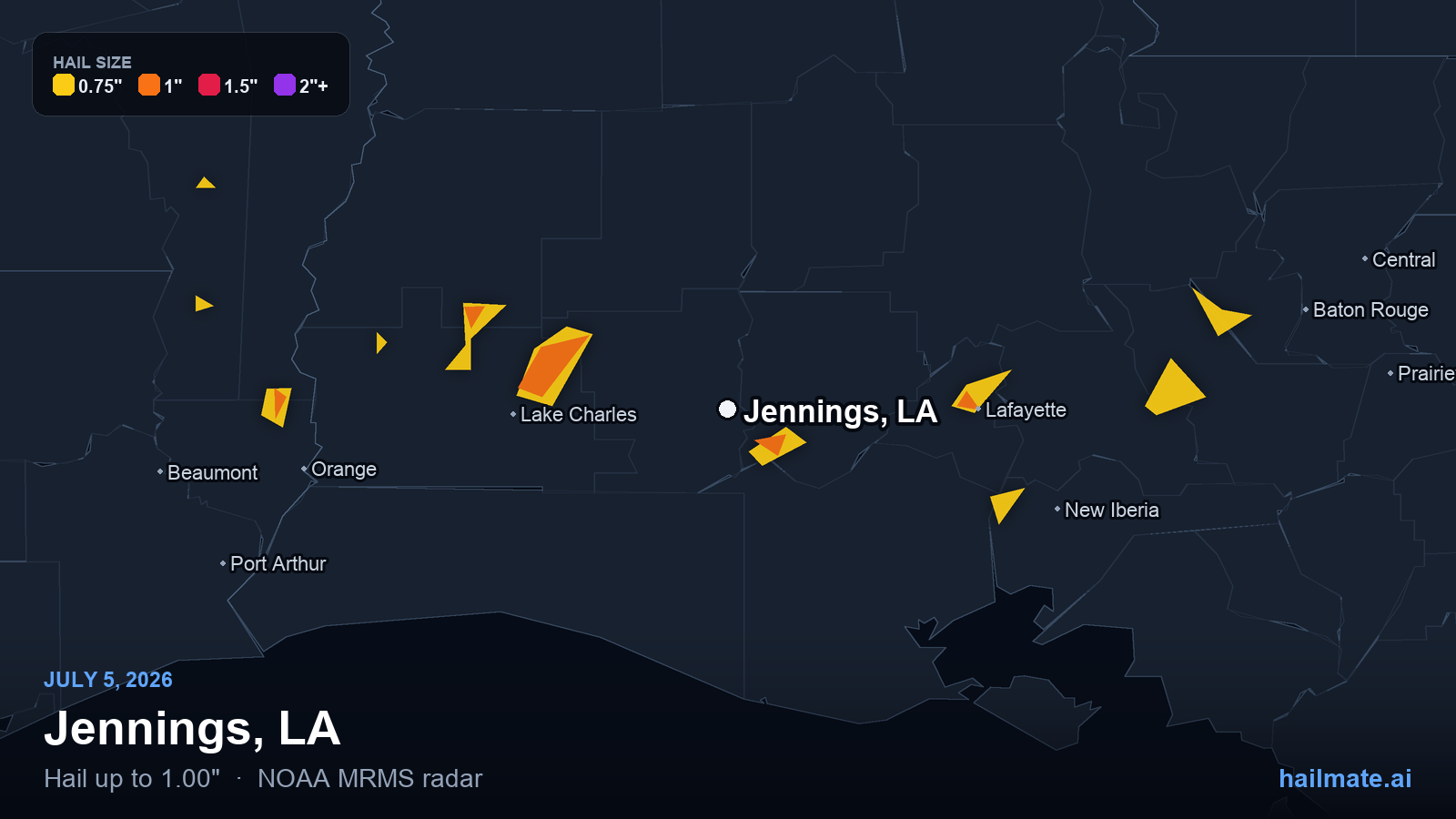 Hail swath map for Jennings, LA on July 5, 2026 showing 1.00 inch hail.