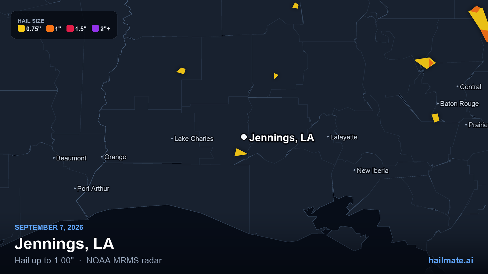 Hail swath map for Jennings, LA on September 7, 2026 showing 1.00 inch hail.