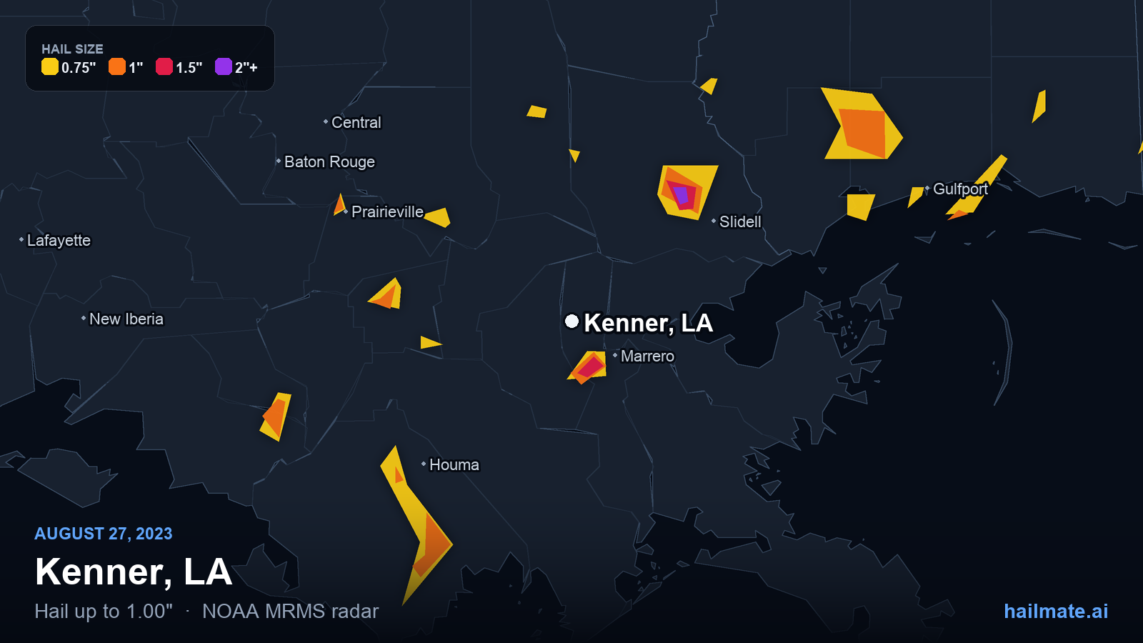Hail swath map for Kenner, LA on August 27, 2023 showing 1.00 inch hail.