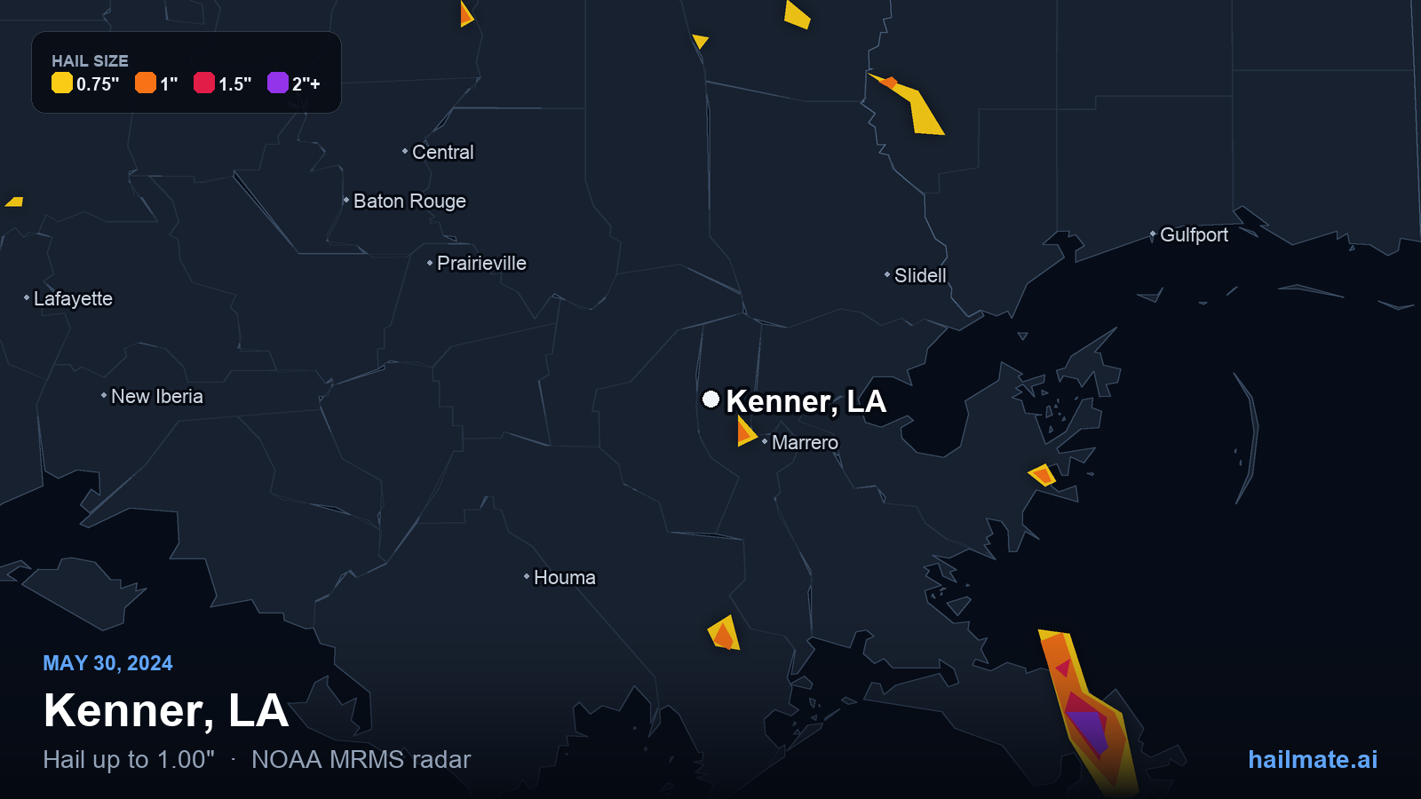 Hail swath map for Kenner, LA on May 30, 2024 showing 1.00 inch hail.