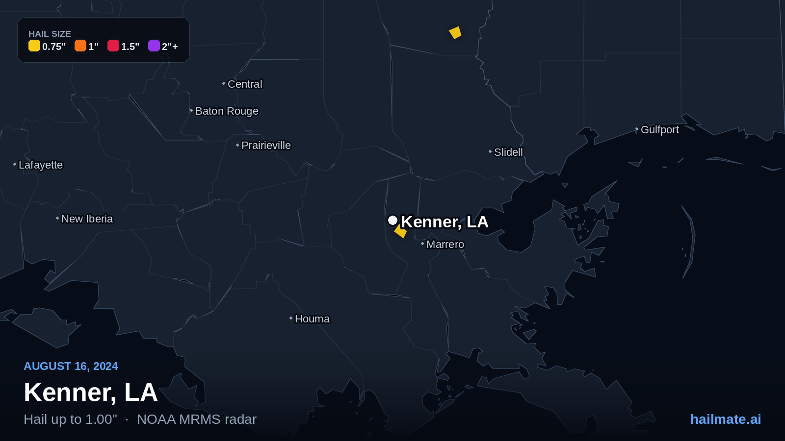 Hail swath map for Kenner, LA on August 16, 2024 showing 1.00 inch hail.