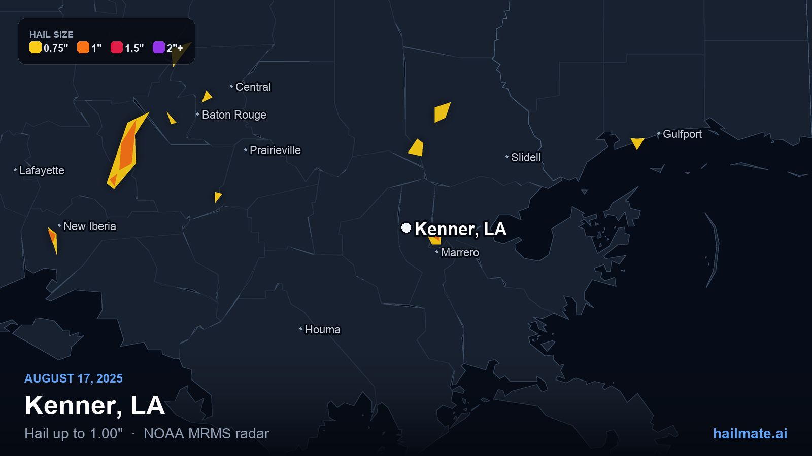 Hail swath map for Kenner, LA on August 17, 2025 showing 1.00 inch hail.