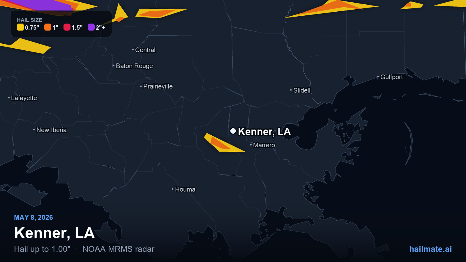 Hail swath map for Kenner, LA on May 8, 2026 showing 1.00 inch hail.
