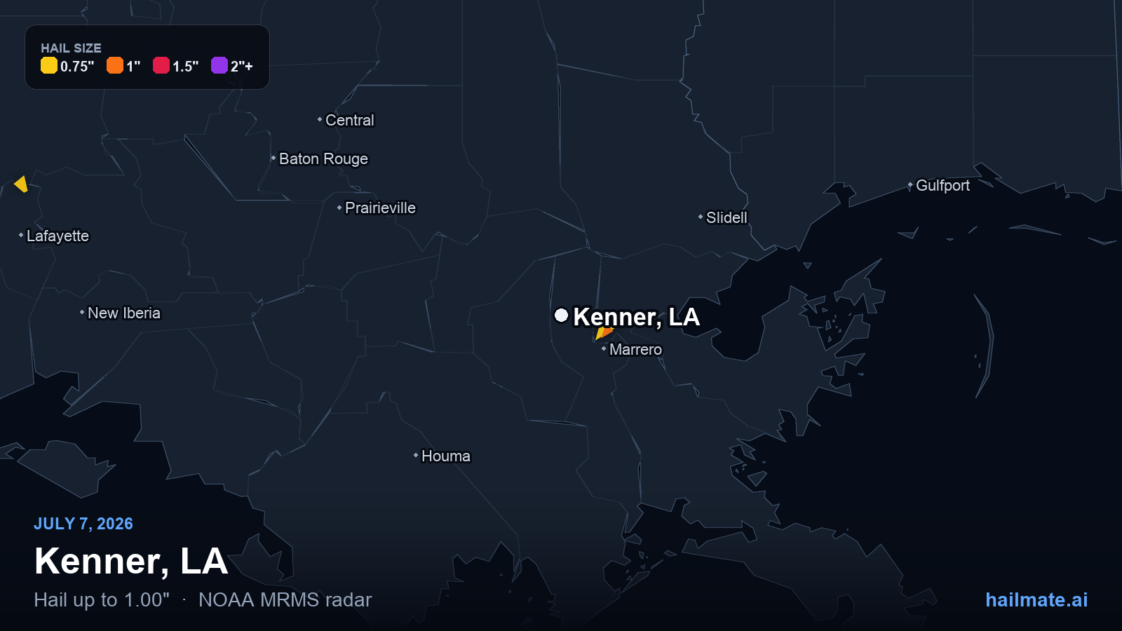 Hail swath map for Kenner, LA on July 7, 2026 showing 1.00 inch hail.