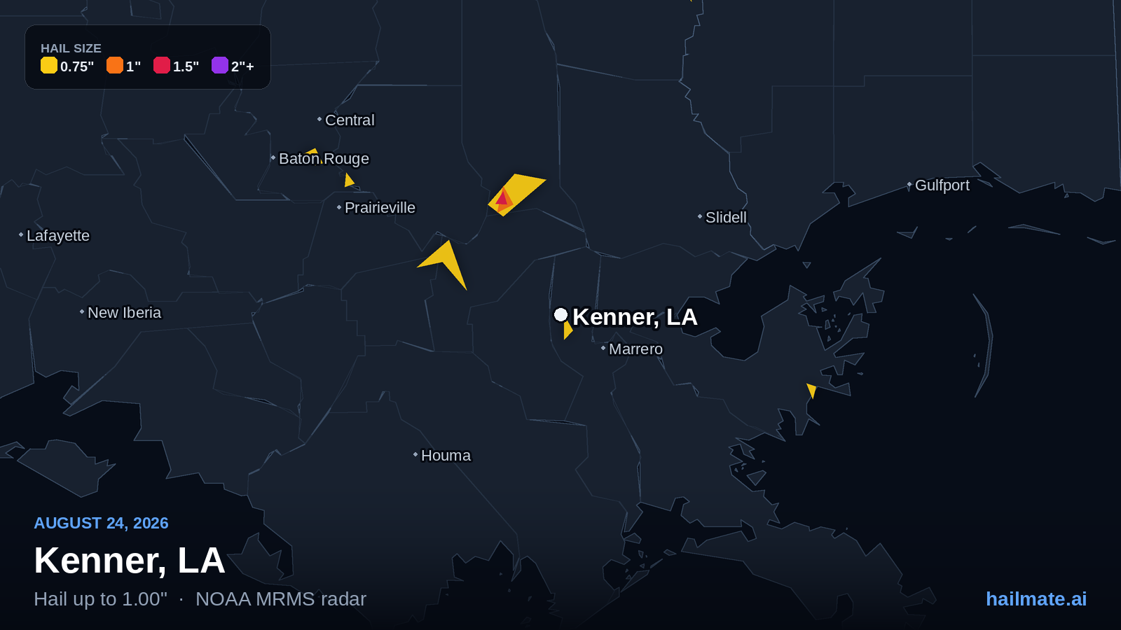 Hail swath map for Kenner, LA on August 24, 2026 showing 1.00 inch hail.