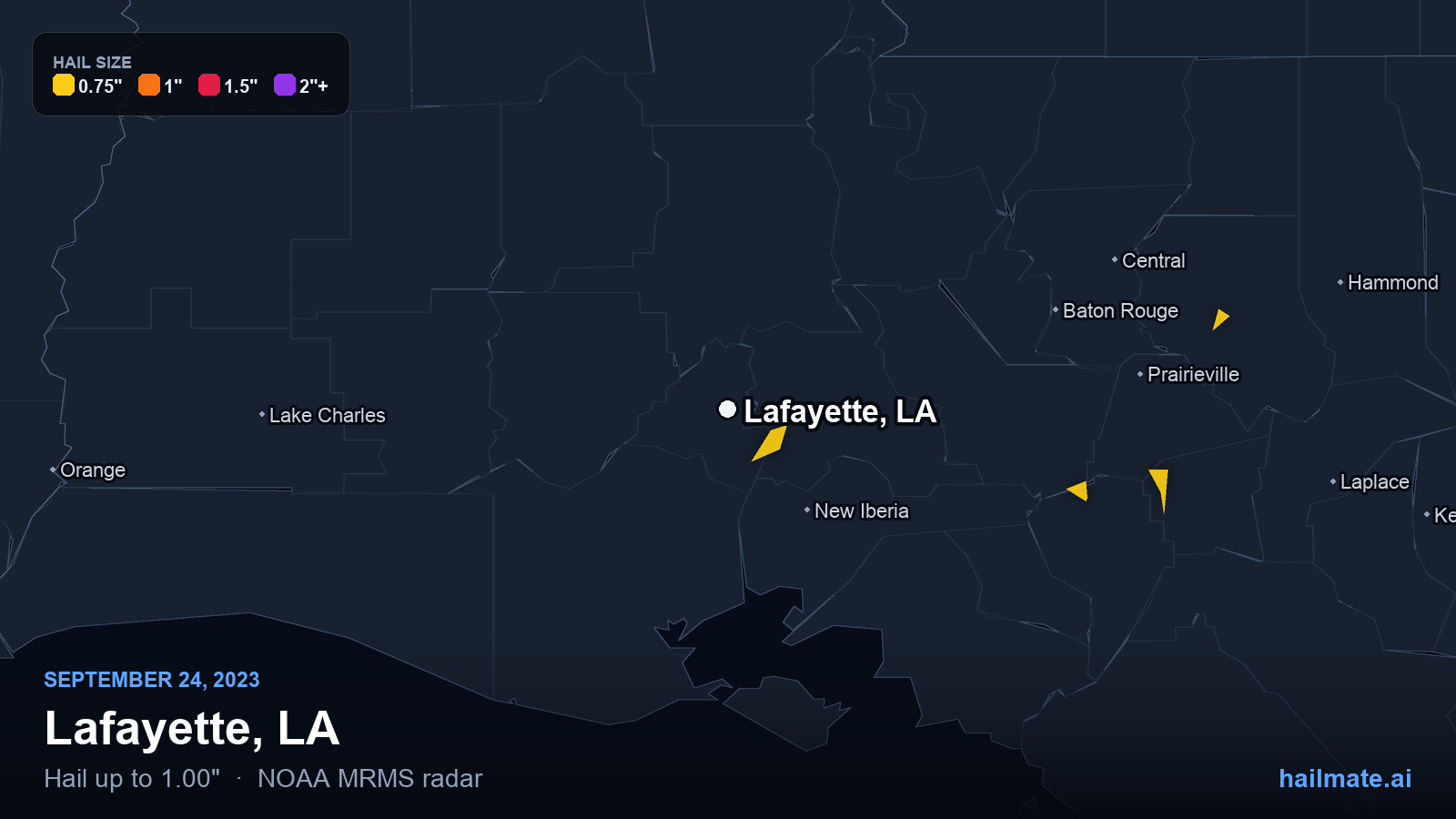 Hail swath map for Lafayette, LA on September 24, 2023 showing 1.00 inch hail.