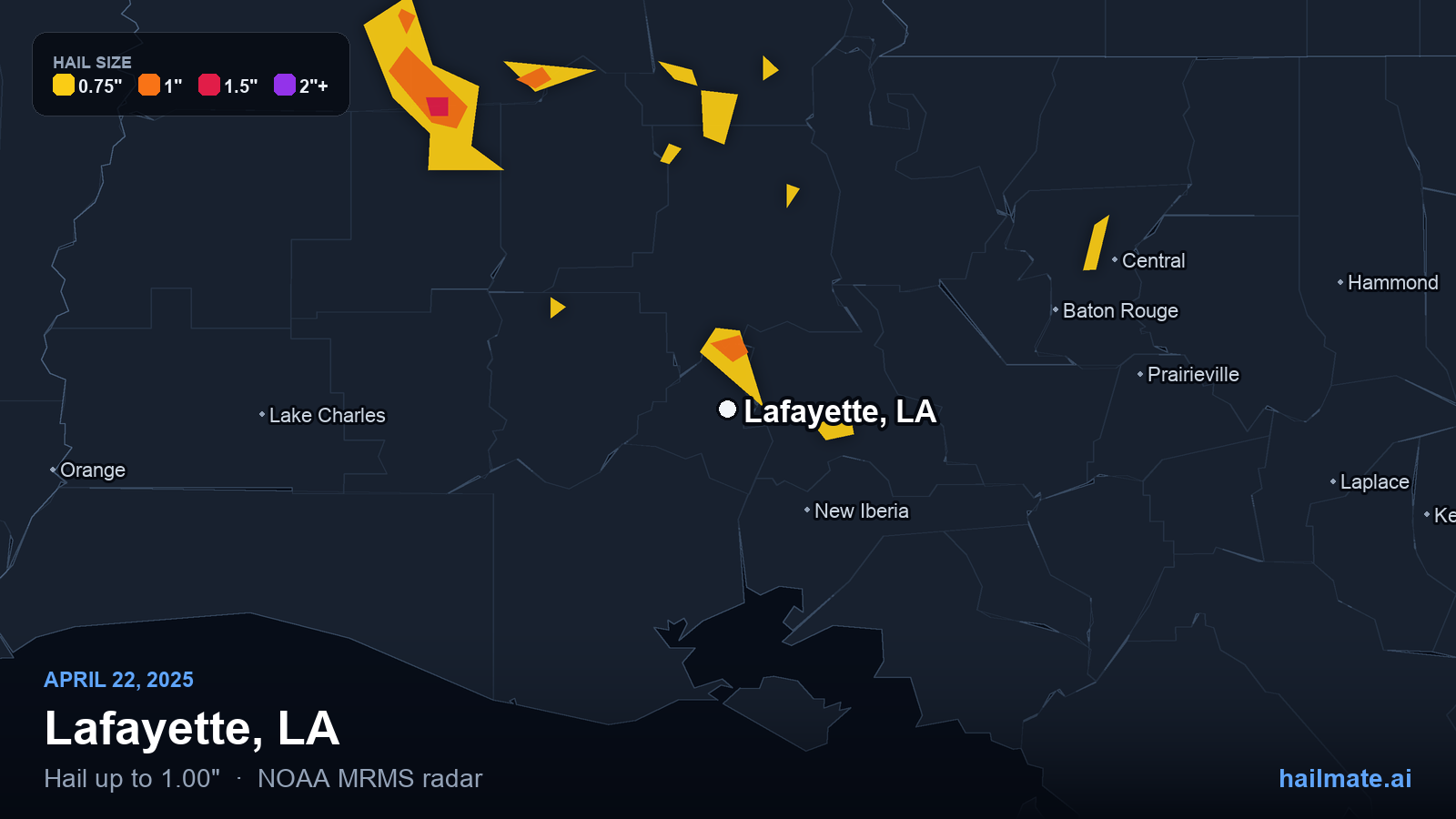 Hail swath map for Lafayette, LA on April 22, 2025 showing 1.00 inch hail.